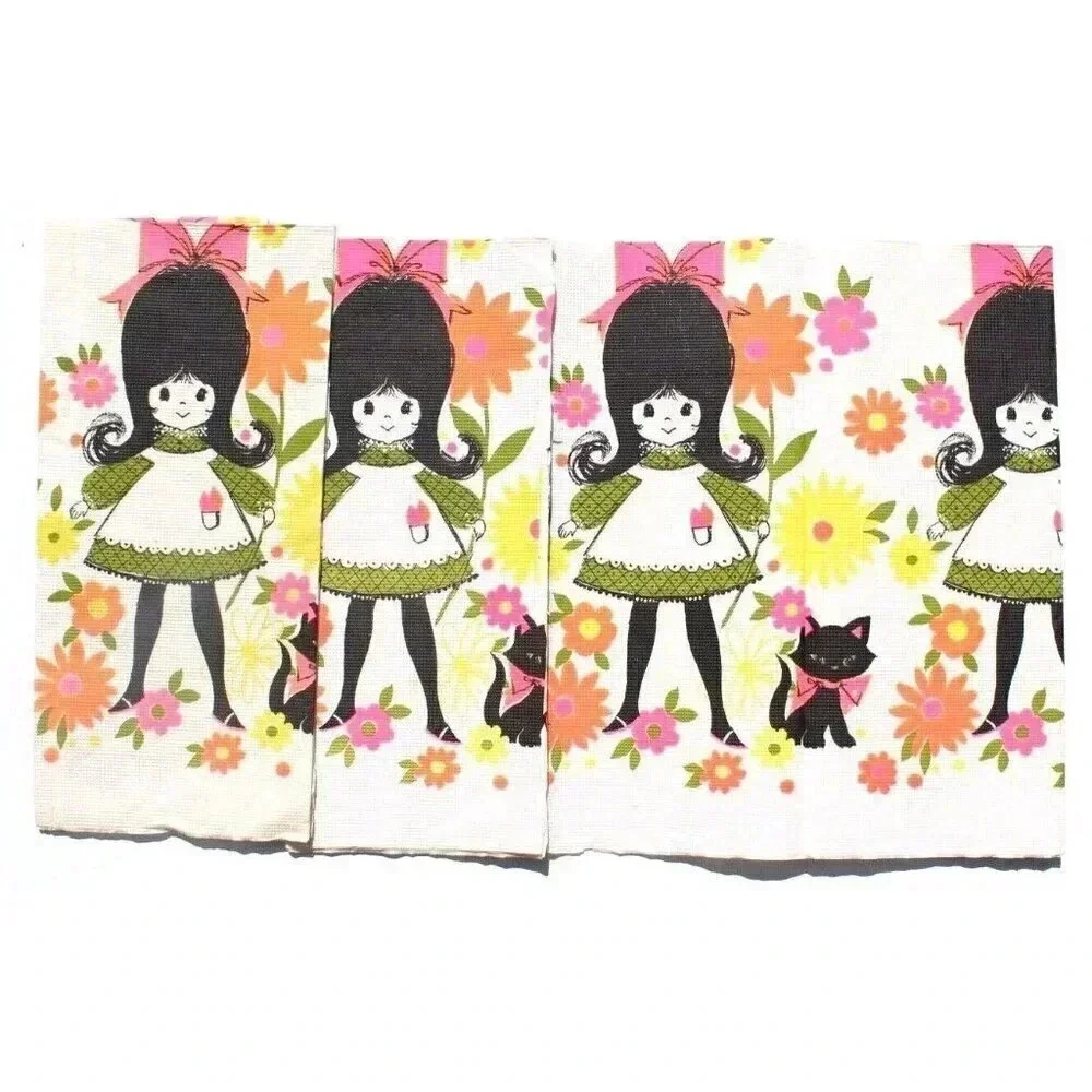 Vtg 1960's 1970's Retro Mod Girl & Cat Paper PICNIC TABLE CLOTH TABLECLOTH